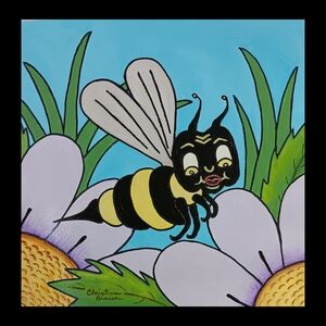 Hand Painted Vibrant Bee Art Painting Mixed Media 12 X 12 On Paper Unframed
